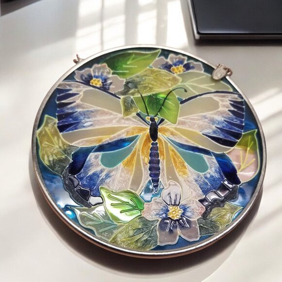 Amia Stained Glass Style Butterfly & Flower Suncatcher Round Indoor Window Decor - Picture 4 of 13